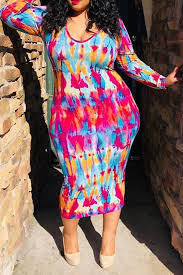 Lovely Plus Size Printed Slim Multicolor Mid Calf Dress In