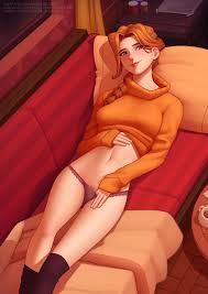 deilan12, leah (stardew valley), stardew valley, highres, 1girl, black  socks, braid, breasts, closed mouth, clothes lift, couch, feet out of  frame, female pubic hair, indoors, kneehighs, lips, long hair, looking at  viewer,