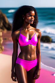 Lexica - Dream foto of a very beautiful Letitia Wright on the beach in a  pink bikini, highly detailed, cinematic, dramatic lighting