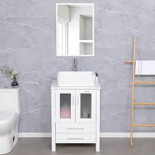 vanity and white ceramic round sink