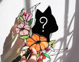 Stained Glass Moon Cat And Flowers