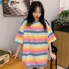 Sailor moon kawaii anime harajuku hoodie. Women Korean Rainbow Striped Short Sleeve Loose Oversize T Shirt Long Tee Shopee Philippines