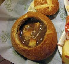 french onion soup in sourdough bread bowl
