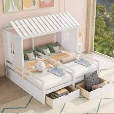 Anbazar White Twin Size House Platform Beds With Two Drawers For Boy And Girl Side By Side Kids Shared Beds With House Roof