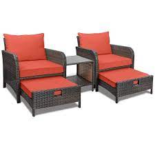 Amagenix Balcony Furniture 5 Piece Pe Wicker Rattan Outdoor Set With Lounge Chairs And Orange Red Soft Cushions