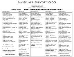School Supply List Evangeline Elementary