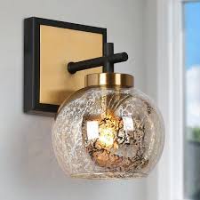 Zevni Ceedar Modern 1 Light Brass Gold Indoor Wall Sconce Globe Mercury Glass Wall Light Modern Black Bathroom Vanity Light