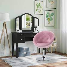 homcom pink modern makeup vanity chair round tufted swivel accent chair with chrome frame height adjule