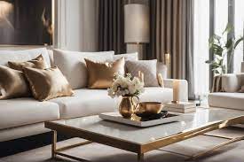 cozy white sofa and golden coffee table