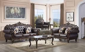 Dark Walnut Bonded Leather Carved Wood Sofa Set 2pcs Traditional Mcferran Sf2268