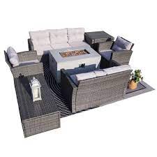 Fort 7 Pieces Wicker Rock And Fiberglass Fire Pit Table With Gray Cushions Sectional Sofa Set And 2 Storage Box