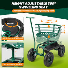 Green Rolling Garden Cart Workseat Garden Scooter With 360 Degree Swivel Cushioned Seat Tool Storage 2 Steering Handles