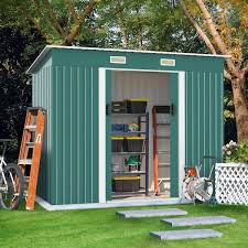 jaxpety 9 1 ft w x 4 3 ft d outdoor metal storage shed garden tool storage building galvanized steel green 39 13 sq ft