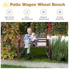 Costway 2 Person Outdoor Wooden Wagon Wheel Garden Bench Brown
