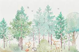 Watercolor Green Forest And Cute Fox