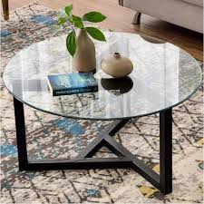 Spaco 35 43 In Transpa Round Glass Coffee Table With Tempered Glass Top And Sy Wood Base