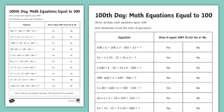 100th Day Math Equations Equal To 100