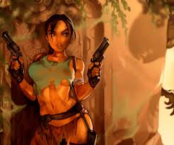 optionaltypo, lara croft, tomb raider, bad id, bad twitter id, commentary,  english commentary, 1girl, adapted costume, against wall, asymmetrical  underboob, backpack, bag, black gloves, braid, breasts, brown eyes, brown  hair, cocked hammer,