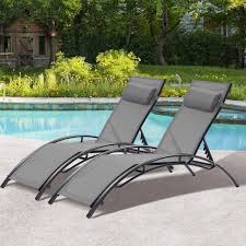 Cesicia 2 Piece Black Frame And Gray Fabric Patio Outdoor Chaise Lounge Recliner For Lawn Beach Pool Side Sunbathing With Pillow