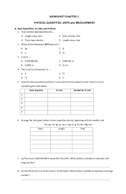 Worksheet Chapter 1 Physical Quantities Units And