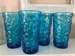 Vintage Blue Glass Drinking Glasses Set