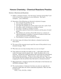 Honors Chemistry Chemical Reactions