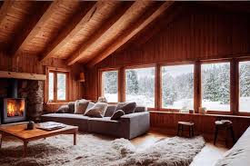 cozy bedroom with white fur carpet grey