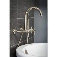 Pelham White Modern 3 Handle Wall Mount Tub Faucet With Handshower And Hose Metal Levers In Brushed Nickel