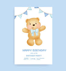 birthday party card with cute teddy bear