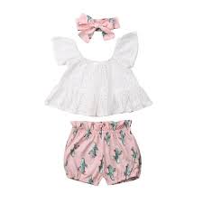 Summer Toddler Baby Girl Clothes Lace Tops Cactus Shorts Headband Outfits Set