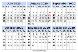 6 Months 2020 Half Year Printable Calendar Calendar 2020
