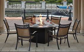 Patio Furniture Dining Set Cast Aluminum Sling Chairs 60 Round Propane Fire Pit Table 7pc Mountain View