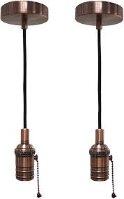 Royal Designs Hanging Pendant Lighting Vintage Style Pull Chain Pendant Light Socket And Canopy Antique Copper With Brown Rayon Fabric Cord Set Of 2 Amazon Com