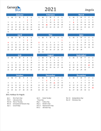 Get and print excel calendar for 2021. 2021 Calendar Angola With Holidays