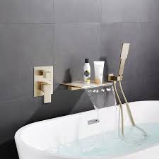 Solid Brass Waterfall Wall Mounted Bathtub Faucet Tub Filler Single Handle Brushed Gold