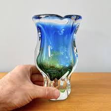 Vintage Czech Blue And Green Glass Vase