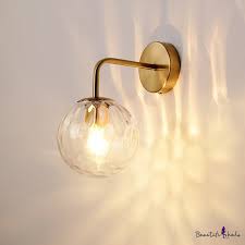 Golden Spherical Wall Lamp Minimalist 1 Light Rippled Glass Wall Sconce Lighting With Arm Beautifulhalo Com