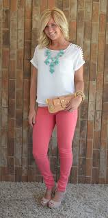 Skinny Jeans Delicate Top Pop Of Color Statement Necklace