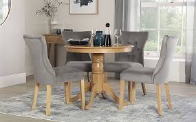Recreate it with the hillary dining table, hartville cream/gray area rug, and corwin solid wood dining chair. Kingston Round Oak Dining Table With 4 Bewley Grey Velvet Chairs Furniture And Choice