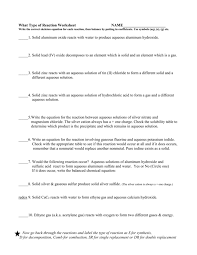 What Type Of Reactions Worksheet