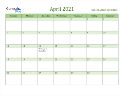 2021 blank and printable calendar with united states holidays in word document format. April 2021 Calendar United Arab Emirates