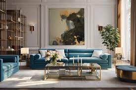 Blue Sofa And Gold Coffee Table