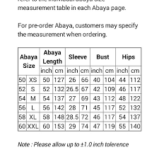 Abaya Lovers Size Chart Guideline Womens Fashion On Carousell