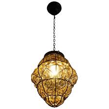 Midcentury Mouth Blown Amber Glass In Wrought Iron Frame Pendant Light Fixture For Sale At 1stdibs
