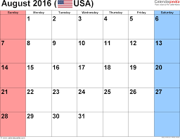 August 2016 Calendars For Word Excel Pdf