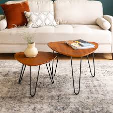 The tables' open frames have a ringed tripod base that supports textured. Walnut Hairpin Leg Wood Nesting Coffee Table Set Small Space Cramping Your Style This Pier 1 Furniture Is Fit For A Tight Squeeze Popsugar Home Photo 43