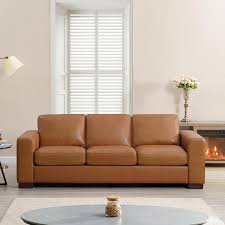 Maykoosh 85 8 In Square Arm Leather Rectangle Sofa In Tan