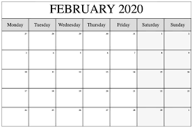 February Calendar 2020 Printable Template Pdf Word Excel