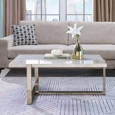 Homeroots Amelia 26 In Chrome And White 18 In H Rectangle Faux Marble Coffee Table