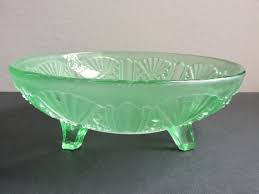Vintage 1930s Green Glass Bowl On Feet